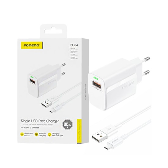 Foneng Charger EU64 USB 3A 18W with Micro cable 1m White Foneng Charger EU64 USB 3A 18W with Micro cable 1m White